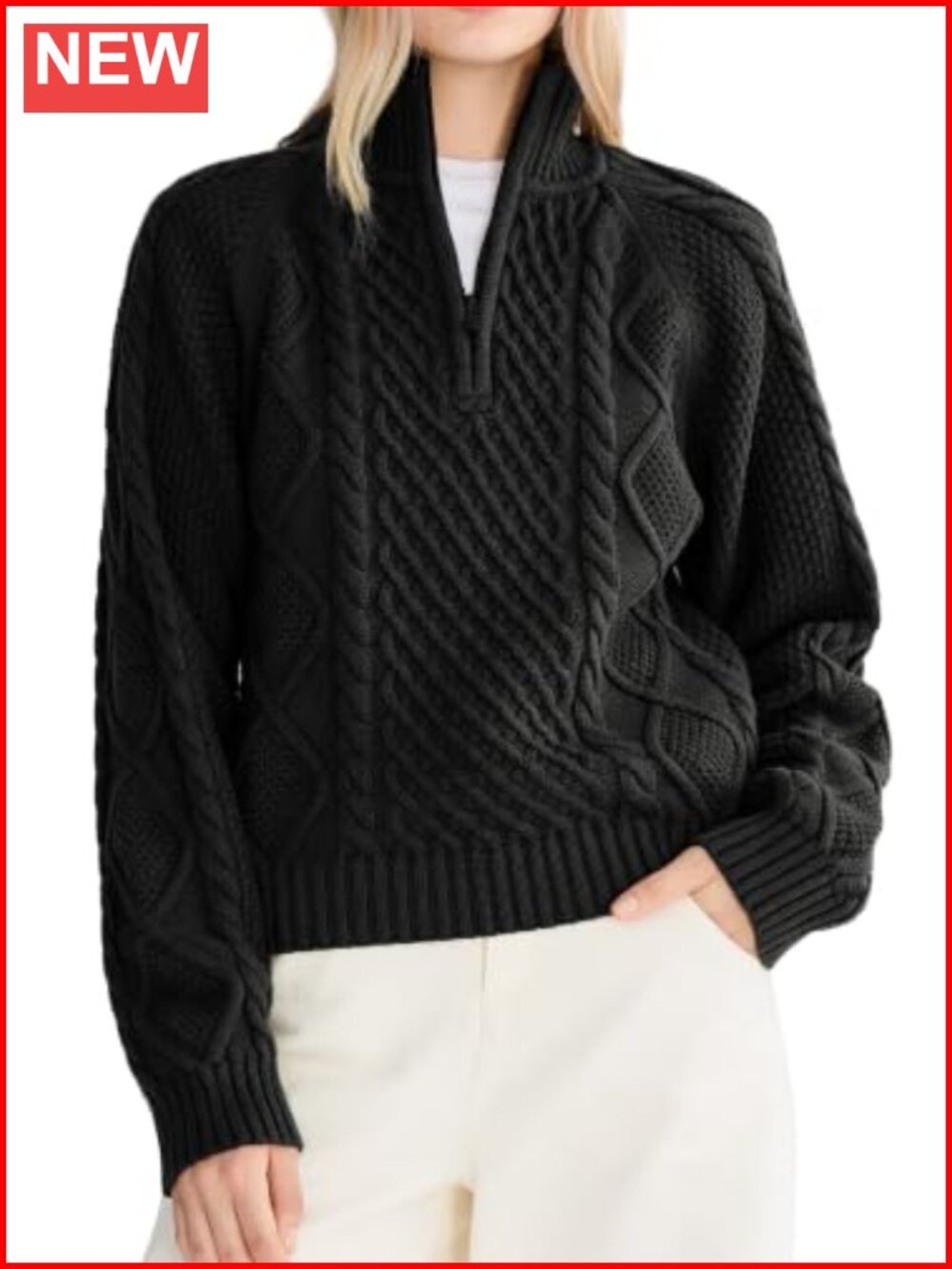 Quarter Zip Cable Knit Sweater Wool Cotton Pullover Long Sleeve